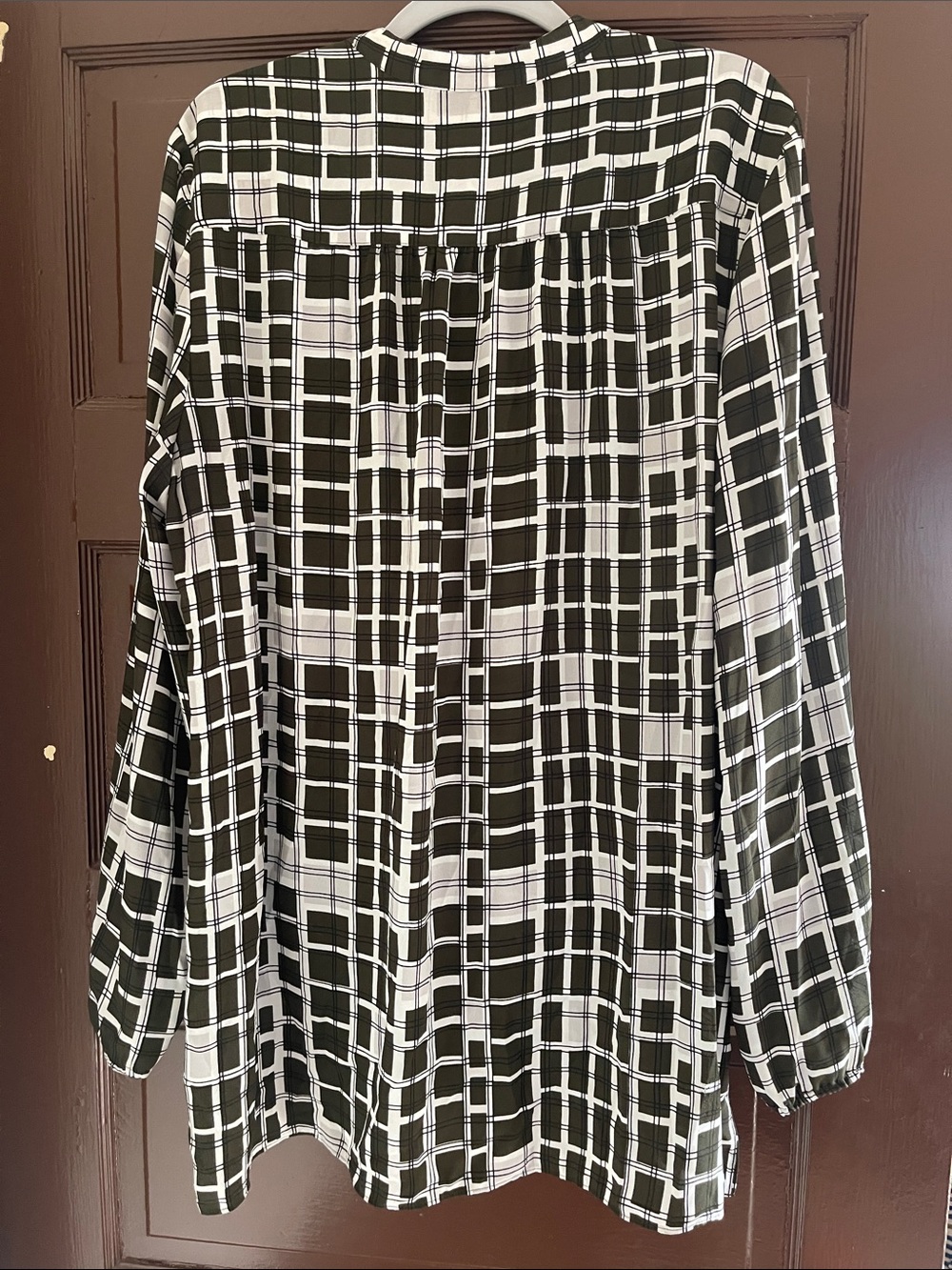 Alfani Olive Green and White Plaid Draped Blouse - Picture 4 of 4